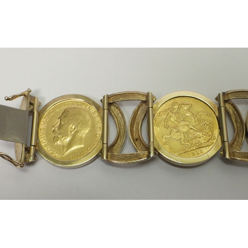 79 - A sovereign bracelet comprising five full sovereigns (Edward VII 1908, George V 1911, 1913, 1913, 19... 