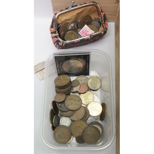 124 - A collection of coins incl British copper issues; postage stamps, most loose kiloware presented in a... 