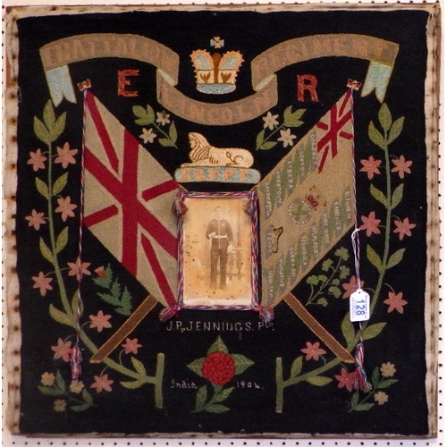 A needlework panel commemorating the service of J.P Jennings Pte, 1 Battalion Lincoln Regiment. Dated India 1904