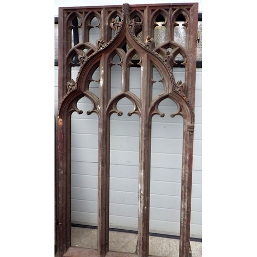 635 - A double sided carved oak panel, 181cm x 86cm two further panels and two end pieces, a/f missing pie... 