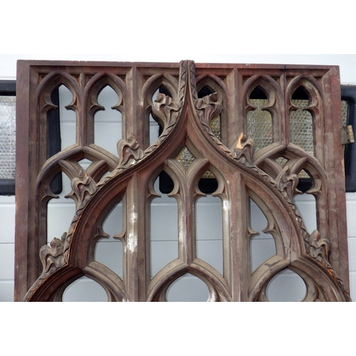 635 - A double sided carved oak panel, 181cm x 86cm two further panels and two end pieces, a/f missing pie... 