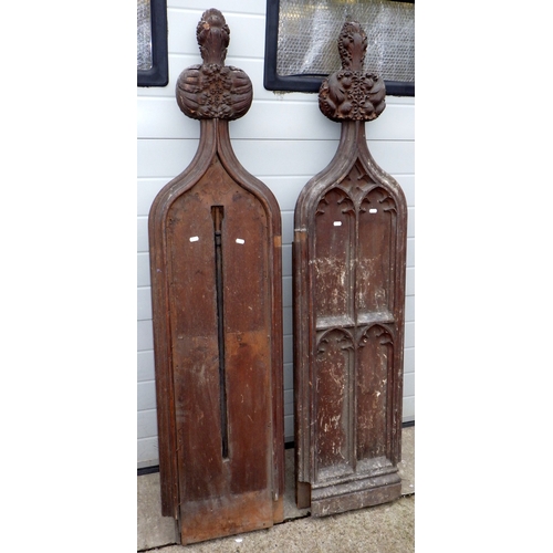 635 - A double sided carved oak panel, 181cm x 86cm two further panels and two end pieces, a/f missing pie... 