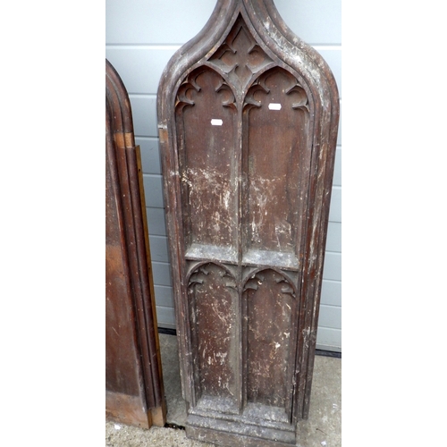 635 - A double sided carved oak panel, 181cm x 86cm two further panels and two end pieces, a/f missing pie... 