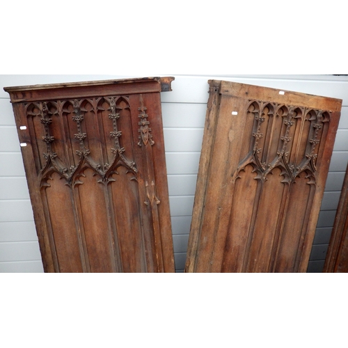 635 - A double sided carved oak panel, 181cm x 86cm two further panels and two end pieces, a/f missing pie... 