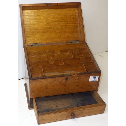 10 - An early 20thC oak stationery box, small piece of moulding missing