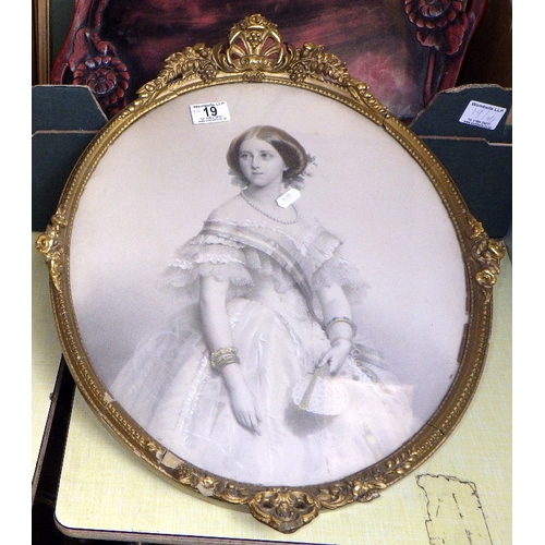 19 - An oval gilt framed portrait print of a young woman 'Stephanie', together with four framed Arms Of T... 