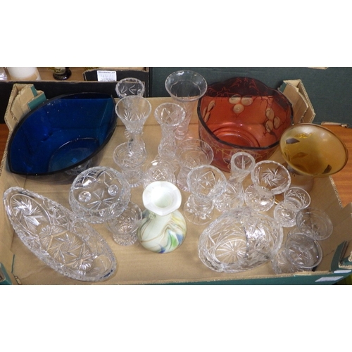 44 - Three boxes of misc ceramics, glassware etc to inc a pair of Shelley trios and a cake plate, AF Pool... 