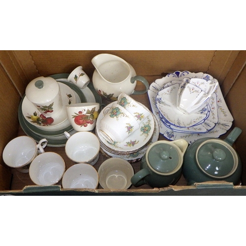 44 - Three boxes of misc ceramics, glassware etc to inc a pair of Shelley trios and a cake plate, AF Pool... 