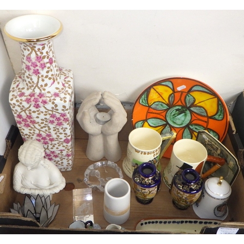 44 - Three boxes of misc ceramics, glassware etc to inc a pair of Shelley trios and a cake plate, AF Pool... 