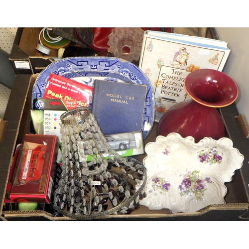 45 - Two boxes of misc collectables to inc a large spool lamp, etched glass shade, empty vintage jeweller... 