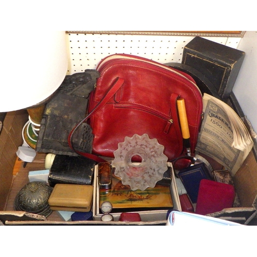 45 - Two boxes of misc collectables to inc a large spool lamp, etched glass shade, empty vintage jeweller... 