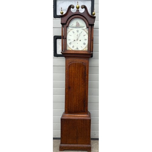 604 - A 19thC oak 8 day longcase clock, clutch arm broken