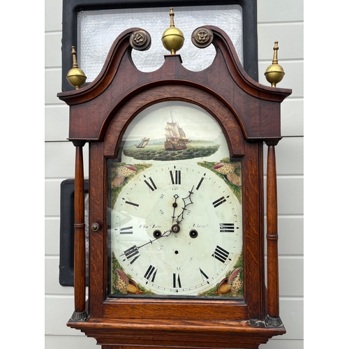 604 - A 19thC oak 8 day longcase clock, clutch arm broken