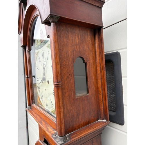 604 - A 19thC oak 8 day longcase clock, clutch arm broken