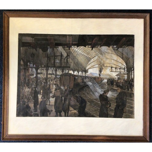 Frederick Cecil Jones (Bradford-born artist 1891-1966): a military interest scene depicting troops embarking at York railway station during WW2, mixed media on paper signed and dated "Fred C Jones 1942" lower right.  76 x 54 cm in mount and glazed frame.