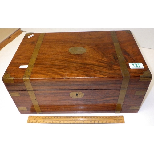 125 - A 19thC brass bound writing box, with secret drawer
