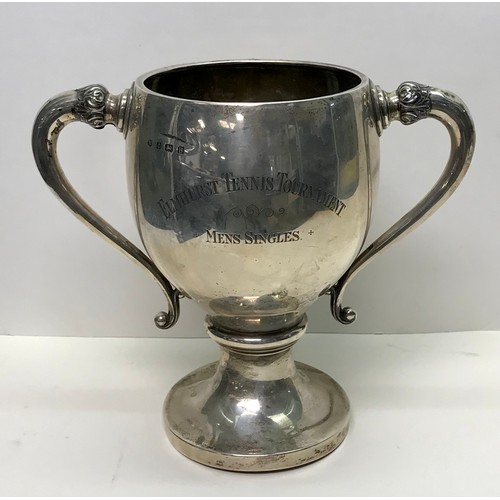 Elmhurst Tennis Tournament - Men's Singles: silver two-handled trophy cup, Birmingham 1926.  240mm tall / 740g.  A/F