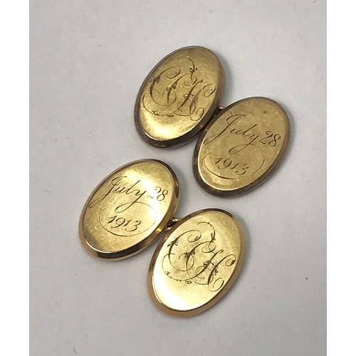 A pair of 15ct gold chain link cufflinks, the oval heads alternatively engraved with the initials CCH and date July 28 1913. Heads 18.5 x 12.5mm / 5g