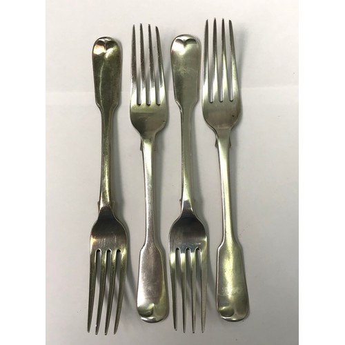 Four matching George IV silver fiddle pattern table forks, William Johnson, London 1822/3.  Each 203mm long / 290g
