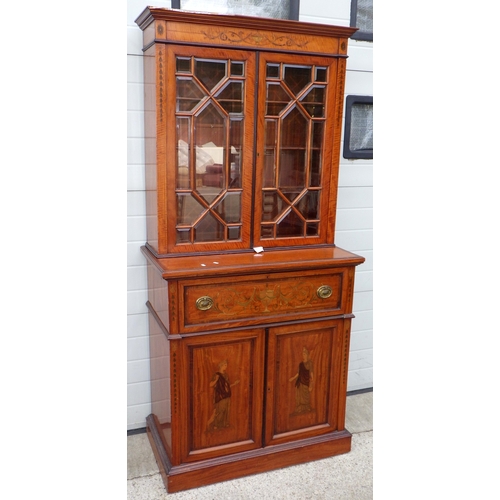 An Edwardian satinwood and inlaid secretaire bookcase, cornice a/f, drawer clips a/f, 94cm wide, 200cm tall