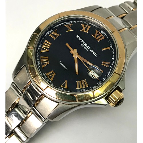 A Raymond Weil Geneve Automatic bracelet watch, steel with gold tone details, A/F the black dial loose on the movement, 39mm across head / 47mm lug-to-lug, with papers; a Raymond Weil Geneve quartz gold plated bracelet watch.  (2)