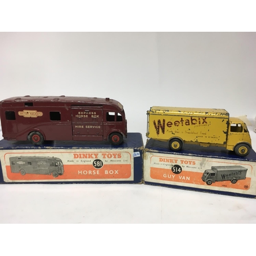 1934 - Dinky toys, #581 Horse box and #514 Guy van Weetabix , playworn, boxed
