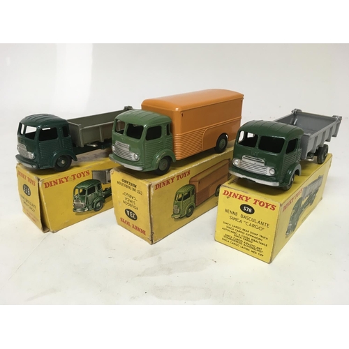 2042 - Dinky toys, French Dinky, #33B Simca cargo tipper lorry x2 and #33A Simca cargo , boxed