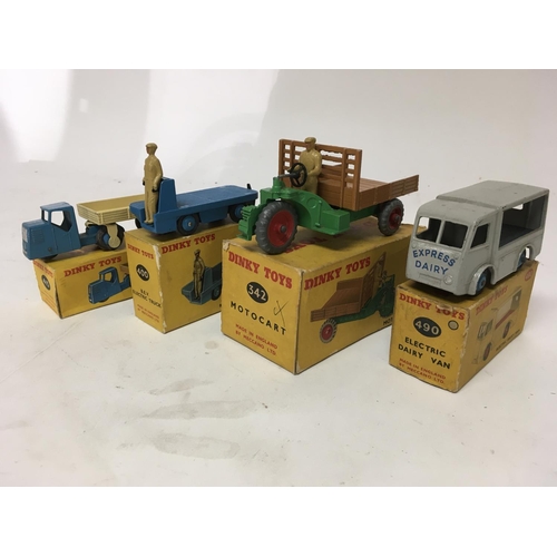 2043 - Dinky toys, #415 Mechanical horse and open wagon, #400 BEV electric truck, #342 Motocart and #490 El... 