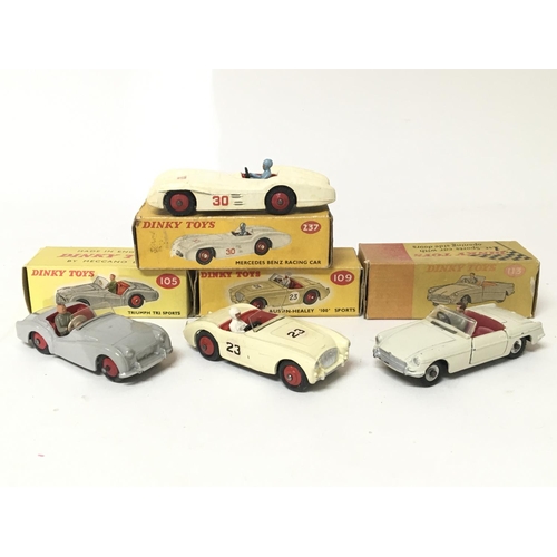 2049 - Dinky toys, #105 Austin Healey 100 sports, #113 MGB sports car, #237 Mercedes Benz racing car And #1... 