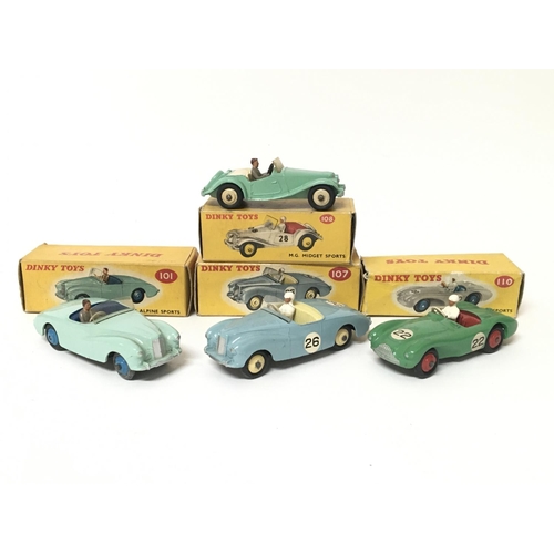 2051 - Dinky toys, #107 Sunbeam alpine sports, #110 Aston Martin DB3 sports, #108 MG midget sports and #101... 