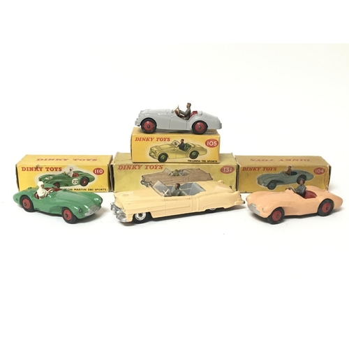 2052 - Dinky toys, #105 Triumph TR2 sports, #131 Cadillac tourer, #110 Aston Martin DB3 sports and #104 Ast... 