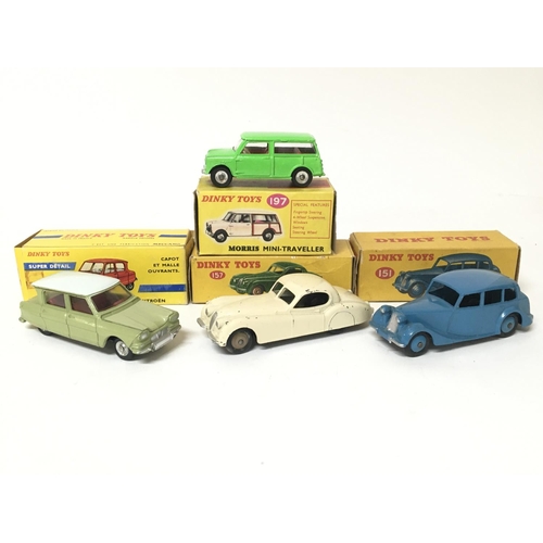 2057 - Dinky toys, #157 Jaguar XK120 coupe, #151 Triumph 1800 saloon, #197 Morris Minor traveller and #557 ... 