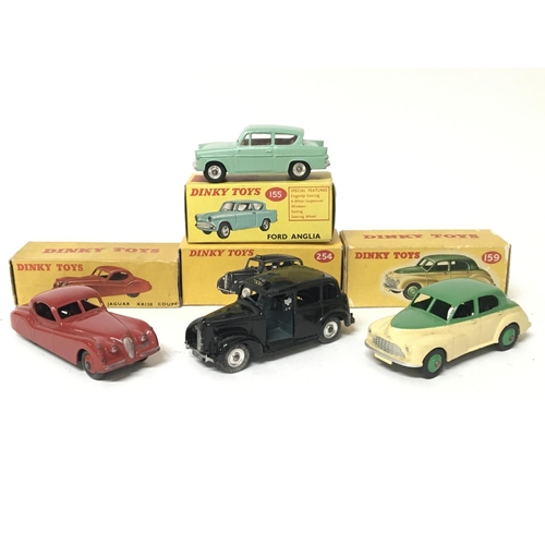 2061 - Dinky toys, #155 Ford Anglia, #157 Jaguar XK120 coupe, #254 Austin Taxi and #159 Morris Oxford saloo... 