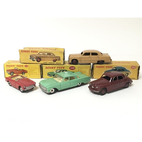 2062 - Dinky toys, #156 Rover 75 saloon, #112 Austin Healey sprite, #170 Ford fordor sedan and #148 Ford Fa... 