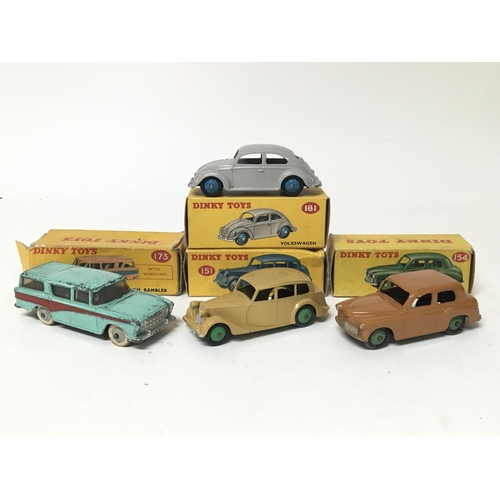 2069 - Dinky toys, #173 Nash Rambler, #151 Triumph 1800 saloon, #154 Hillman Minx saloon and #181 Volkswage... 