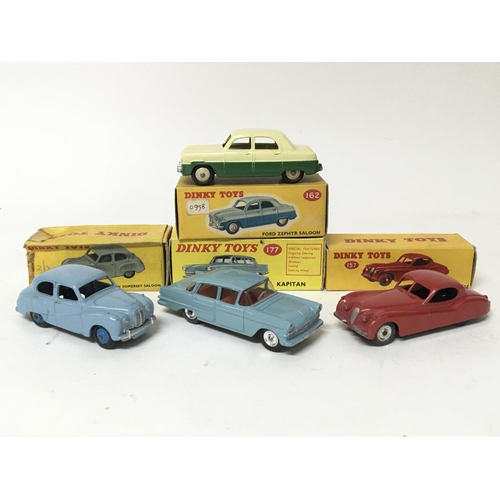 2071 - Dinky toys, #157 Jaguar XK120 coupe, #161 Austin Somerset saloon, #177 Opel Kapitan and #162 Ford Ze... 