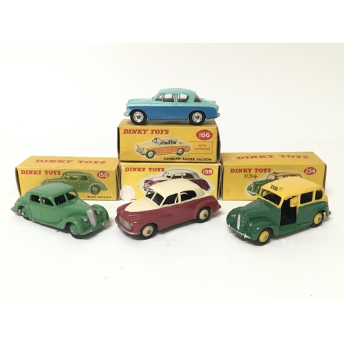 2074 - Dinky toys, #158 Riley saloon, #254 Austin taxi, #159 Morris Oxford saloon and #166 Sunbeam rapier s... 