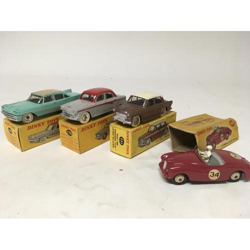 2080 - Dinky toys, #192 De Soto Fireflite sedan, #176 Austin A105 saloon and #107 Sunbeam Alpine sports, bo... 