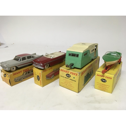 2082 - Dinky toys, #192 De Soto Fireflite sedan, #24A Chrysler New Yorker, #188 Four berth caravan and #796... 