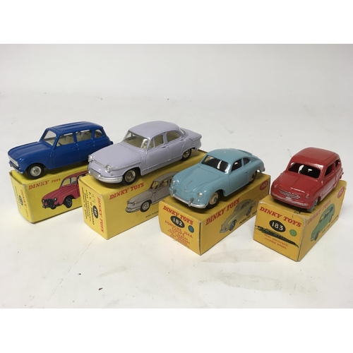 2083 - Dinky toys, #518 Renault 4L, #547 PL17 Panhard, #182 Porsche 356A coupe and #183 Fiat 600 saloon, bo... 