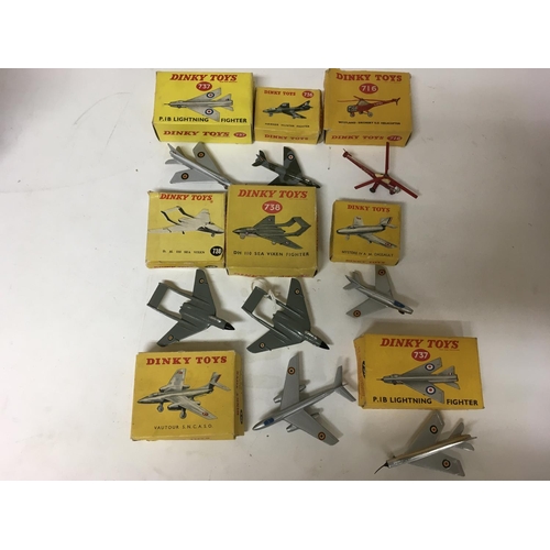 2089 - Dinky toys, a collection of boxed Diecast aircraft including #737 Lightning fighter x2, #736 Hawker ... 