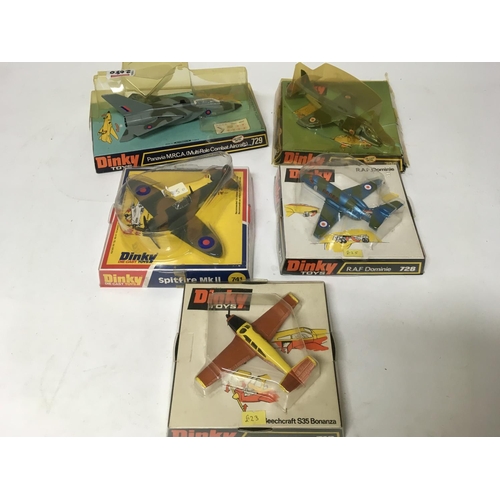 2093 - Dinky toys, #729 Panavia combat aircraft, damaged box, #722 Hawker Harrier, #741 Spitfire MKII, #728... 