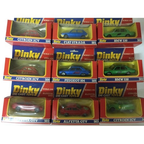2097 - Dinky toys, #500 Citroen 2CV x3, #501 Fiat Strada, #502 BMW 530 x2 , #503 Alfetta GTV x2 and #505 Pe... 