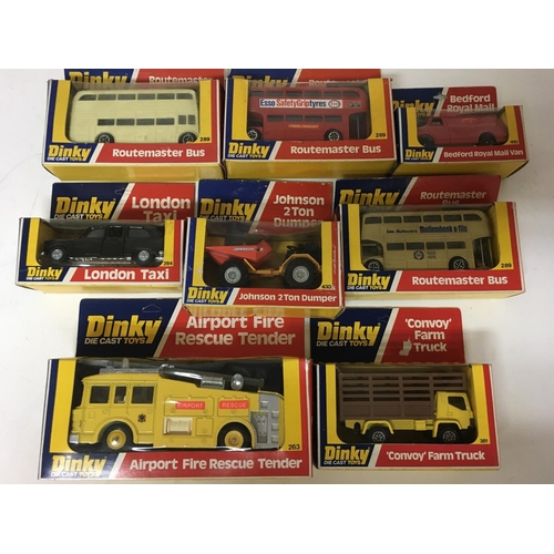 2100 - Dinky toys, a collection of boxed Diecast vehicles including #298 Routemaster buses x3, #410 Bedford... 