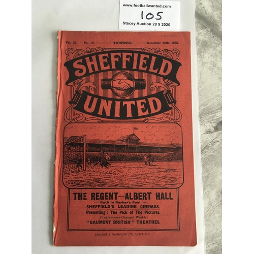 105 - 32/33 Sheffield United v Middlesbrough Football Programme: Good condition dated 26 12 1932. No team ... 