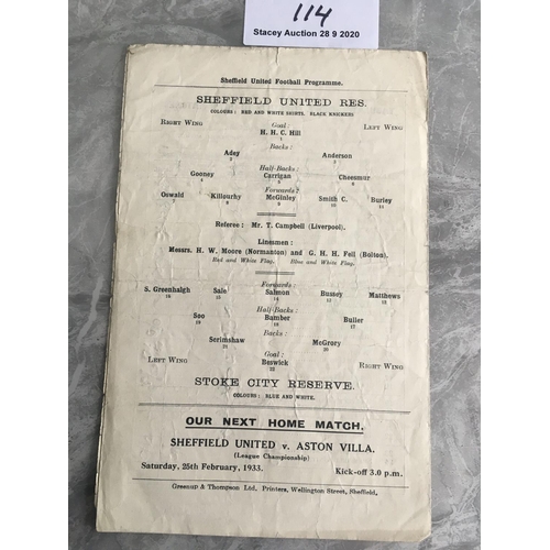 114 - 32/33 Sheffield United Reserves v Stoke City Football Programme: Fair/good condition dated 18 2 1933... 