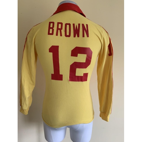 13 - 1980 Tony Brown New England Tea Men USA Match Worn Football Shirt: Yellow and red long sleeve number... 