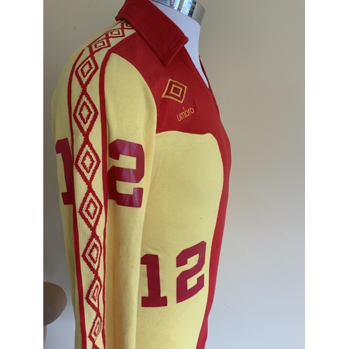 13 - 1980 Tony Brown New England Tea Men USA Match Worn Football Shirt: Yellow and red long sleeve number... 