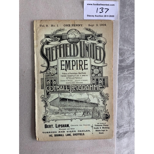 137 - 1904/1905 Sheffield United v Derby County Football Programme: 16 pager ex bound with completely spli... 