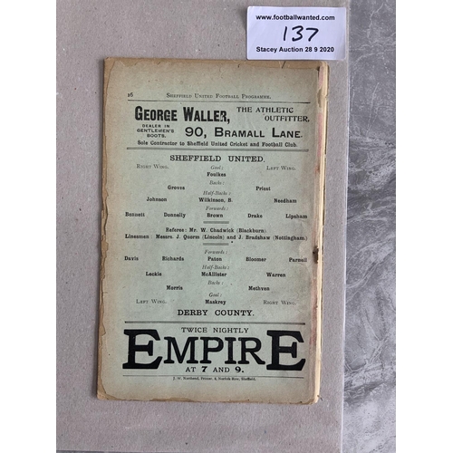 137 - 1904/1905 Sheffield United v Derby County Football Programme: 16 pager ex bound with completely spli... 